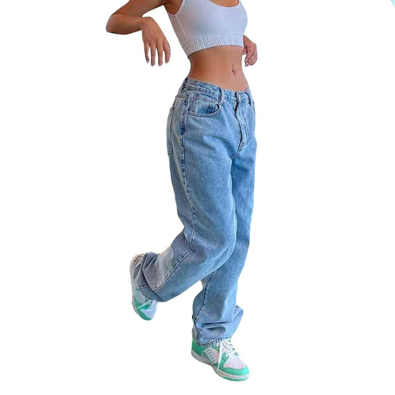 Hanas Pants Women's Hip Hop Fashion Solid Color Jeans Workout Sweatpants  Joggers Pants Blue/S