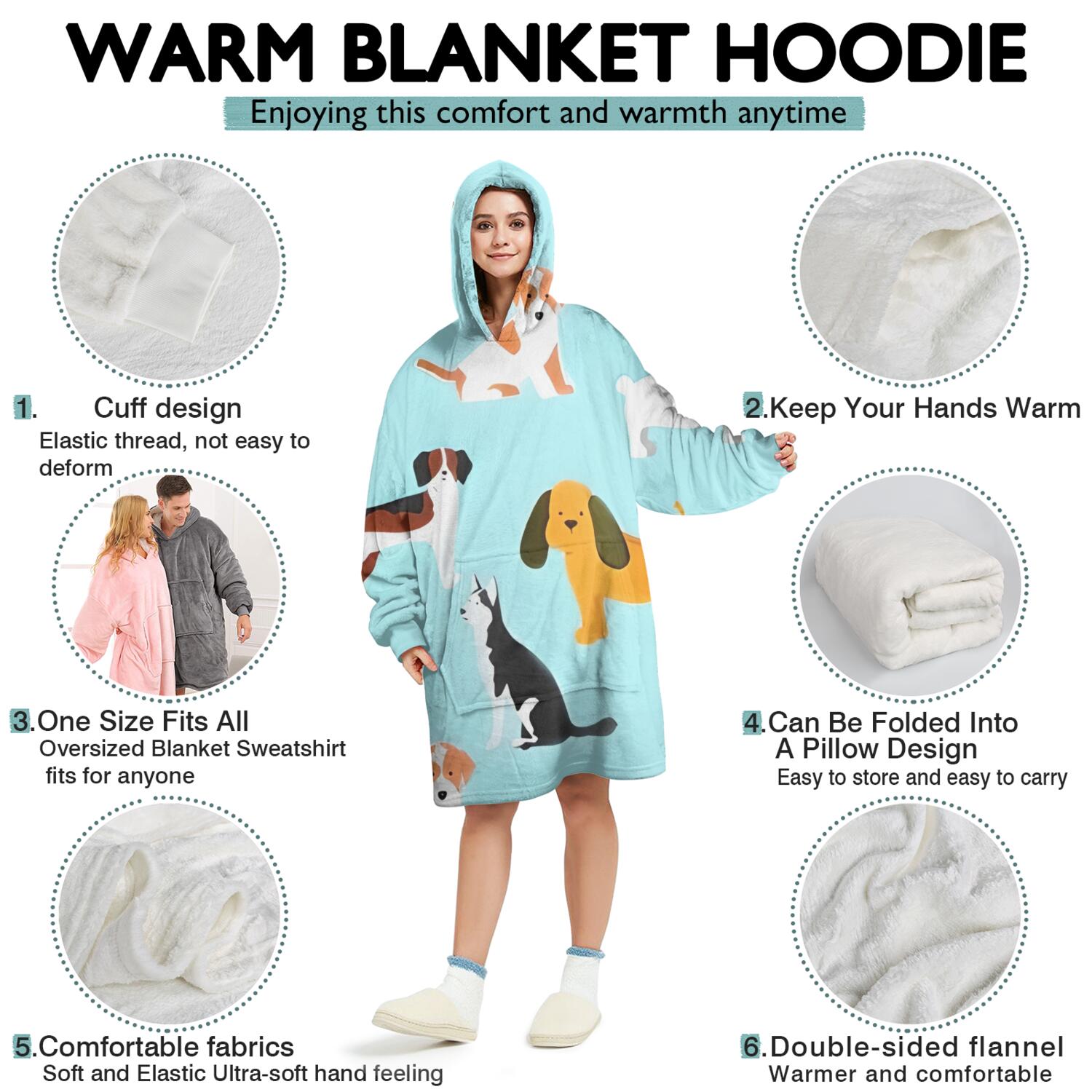 Wearable Oversized Blanket,Cartoon Dog Wearable Blanket Hoodie for Adults,Cozy Hooded Blankets with Super Pockets,Super Warm Fuzzy Pullover for Women & Men