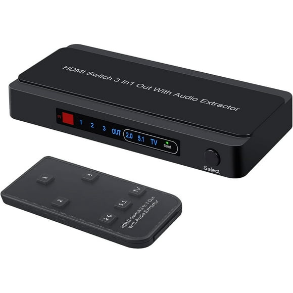 HDMI Switch Audio Extractor Splitter with Remote 3X1, 4K@60Hz HDMI Switch with Audio Etractor HDMI to