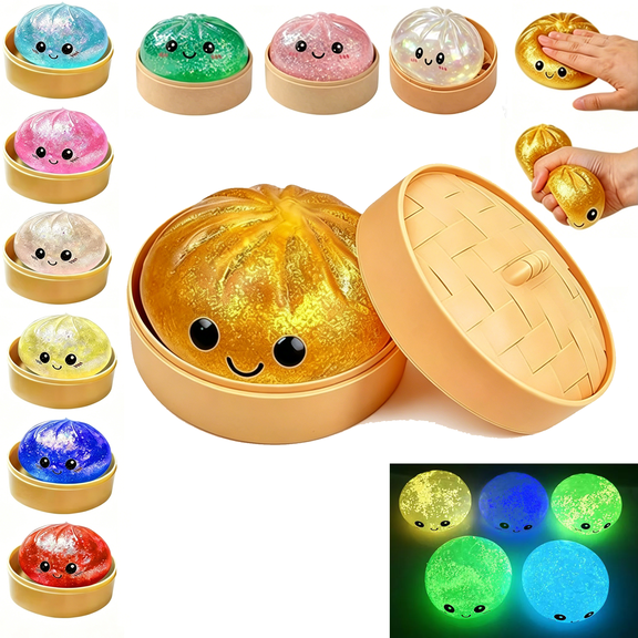 Glowing Dumpling Squishy Mystery Box, Glitter Dumpling Squishy Glow in The Dark, Dumplings Style Stress Balls for Adults, Steamer Basket Design with Squeezable Bun Stress Relief Fidget Toys (1 PCS)