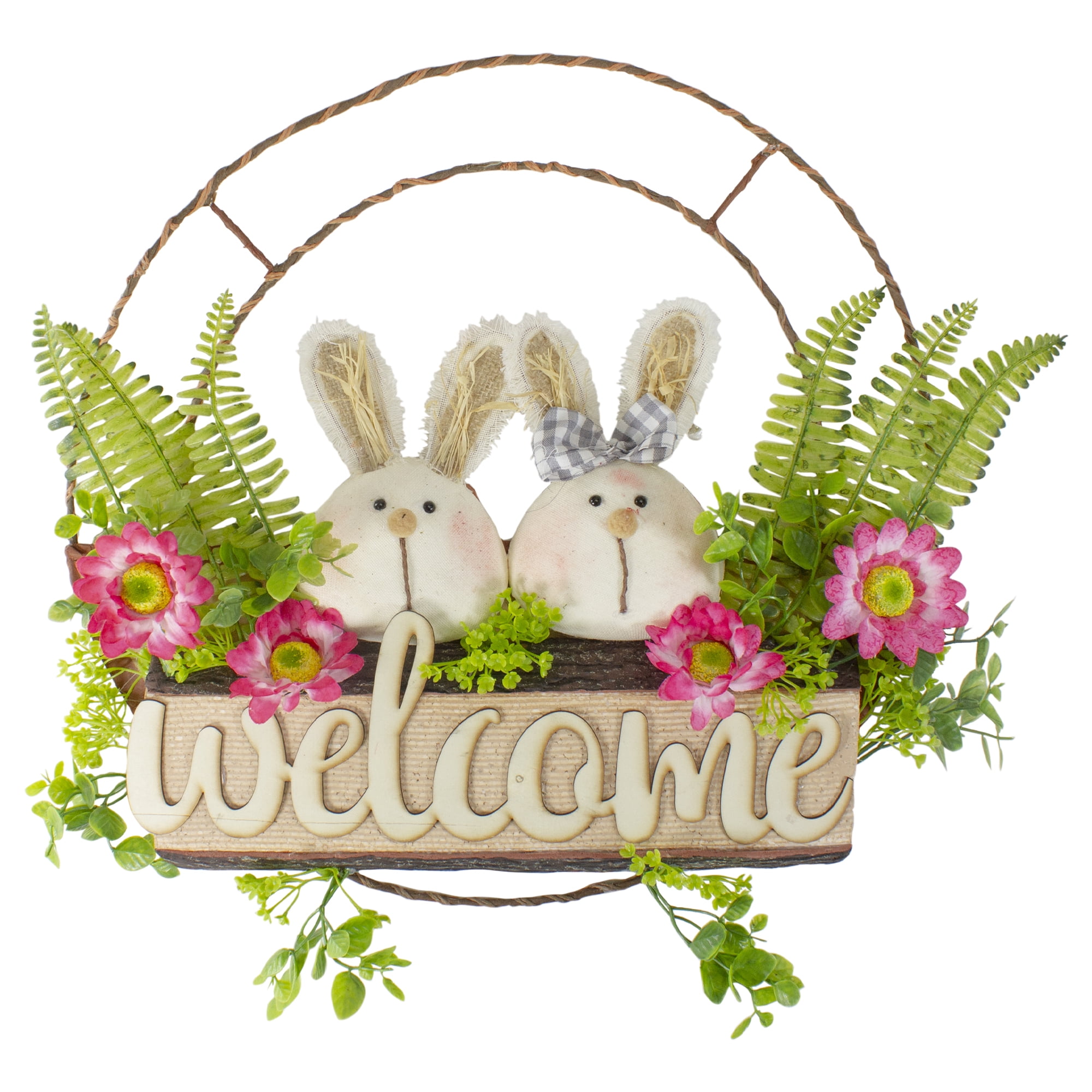 White & Pink Wood Welcome Easter Bunny Sign Pink Satin Bow Decoration Spring 