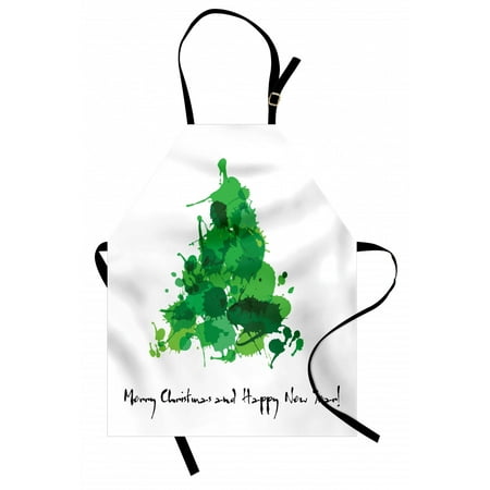 

New Year Apron Modern Style Christmas Tree from Grunge Paint Splashes and Conceptual Typography Unisex Kitchen Bib with Adjustable Neck for Cooking Gardening Adult Size Green White by Ambesonne