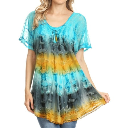 Embroidered Long Sleeve Skirt (Sakkas Monet Long Tall Tie Dye Ombre Embroidered Cap Sleeve Blouse Shirt Top - Turquoise / Orange - One Size)