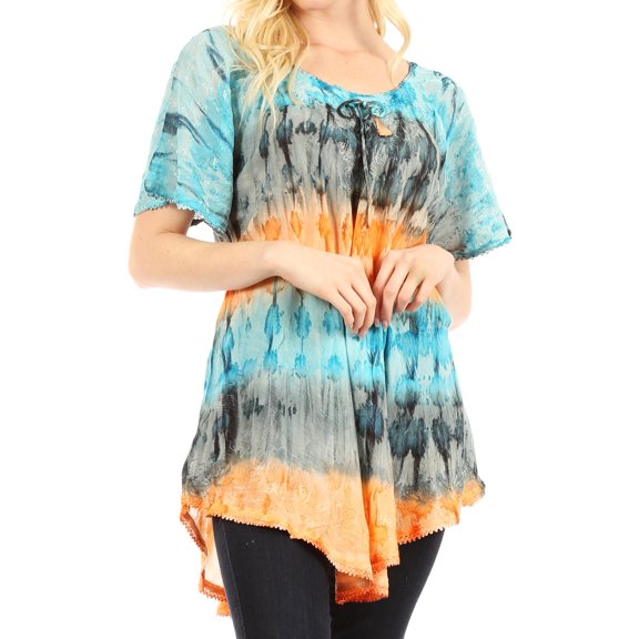 Sakkas Monet Long Tall Tie Dye Ombre Embroidered Cap Sleeve Blouse Shirt Top - Turquoise / Orange - Plus Size