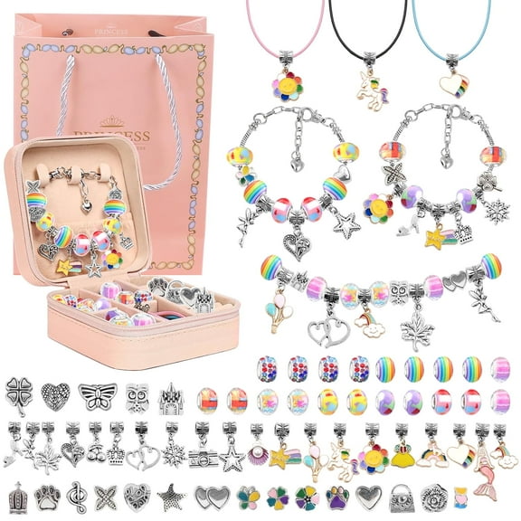 Charm Jewelry Making Kit,DIY Craft Bead Sets with Jewelry Box,Bracelet Making Kit Birthday Gift for Girls Ages 5-12