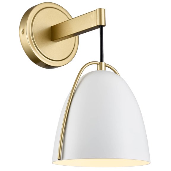 Claxy Brass Gold Wall Light with Hanging White Metal Dome Shade