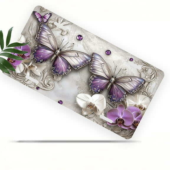 License Plate, Purple Butterflies with Orchids Decorative Front,Personalized Stainless Steel License Plate Cover For Men Women,12.2" X 6.2"