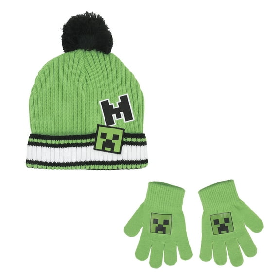Minecraft Creeper Youth Cuff Hat And Knit Gloves Cold Weather Set