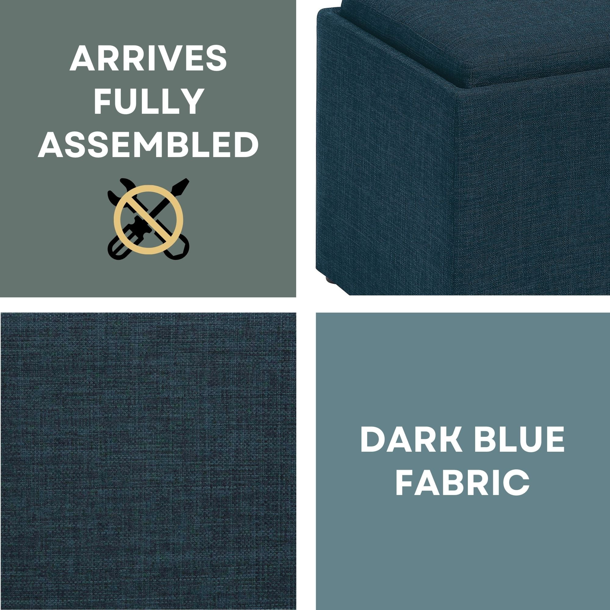 Convenience Concepts Designs4Comfort Accent Storage Ottoman with Reversible Tray, Dark Blue Fabric