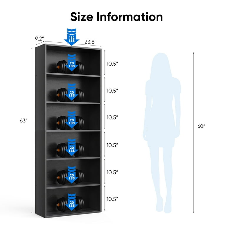EDX 6 Tier Bookcase Storage, 63 Inch Large Tall Floor Standing