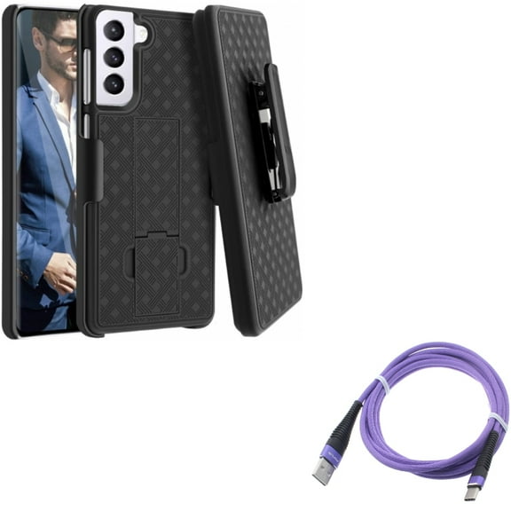 6ft USB-C Cable w Case Belt Clip for Samsung Galaxy S21 Plus - Purple Type-C Charger Cord, Holster Swivel Cover