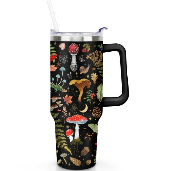 40 oz Mushrooms Travel Must Have Mug Stainless Steel Vacuum Insulated Tumbler with Handle Flip Straw Lid Leak Proof Cup Gift for Him Her