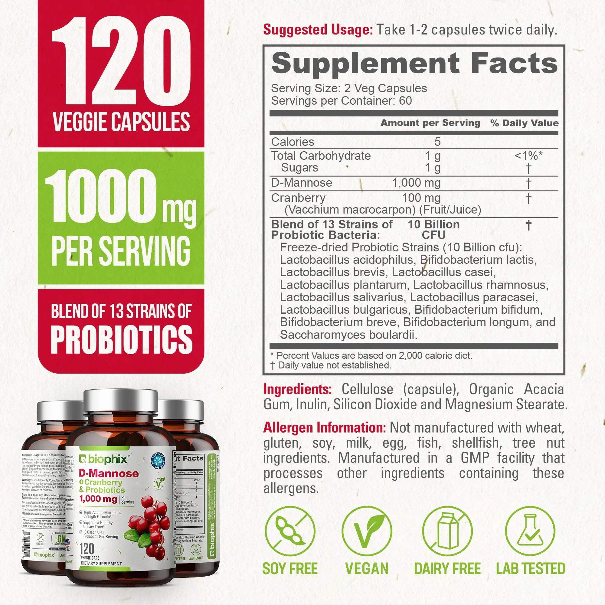 Biophix D-Mannose with Cranberry & Probiotics 1000mg – 120 Vcaps for Urinary Tract Health Support