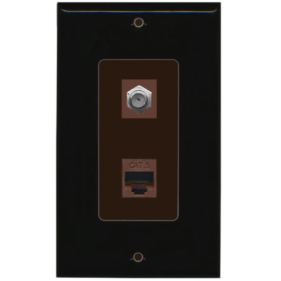 RiteAV - 1 Coax Cable TV F and 1 Cat6 Ethernet Wall Plate Decorative - Black/Brown - Bracket Included