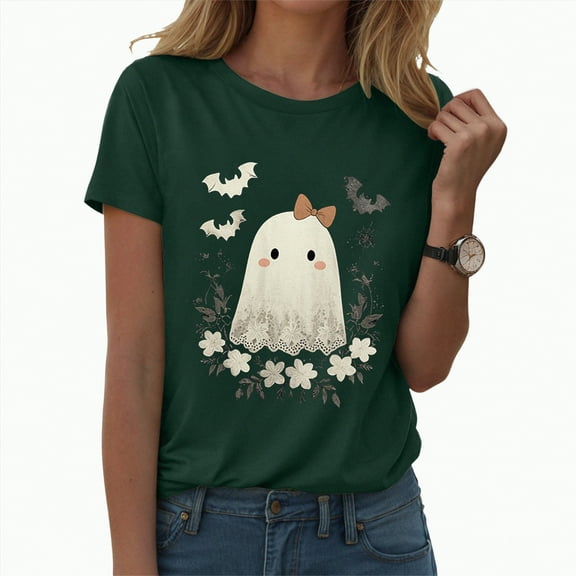 enyan Halloween Autumn Shirts for Women Funny Ghost Pumpkin Graphic Printed Shirts Halloween Short Sleeve Graphic Tees Fall T-Shirts Tops Dark Green,M