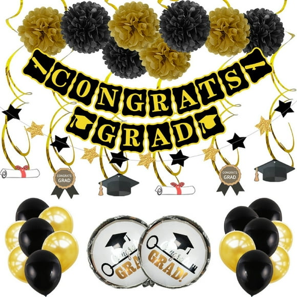 Hearth & Gear Ensemble de Drapeaux de Ballons de Remise des Diplômes Ballons en Papier D\'aluminium et en Latex avec Pompons Ronds en Papier de Soie Décorations de Fête de Remise des Diplômes pour Enfants Fête pour Enfants 8-12 Sacs-Surprises Fête Sportive pour Garçons