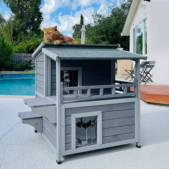 2 Story Cat House with Large Balcony, Indoor Cat Condo Outdoor Cat Shelter, Wooden Kitty Home with PVC Door Strip