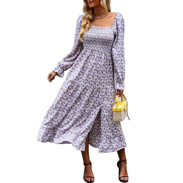 Boho estampado floral una línea de vestido de manga larga cuello cuadrado tubo volantes dobladillo cintura alta vestido Midi púrpura M