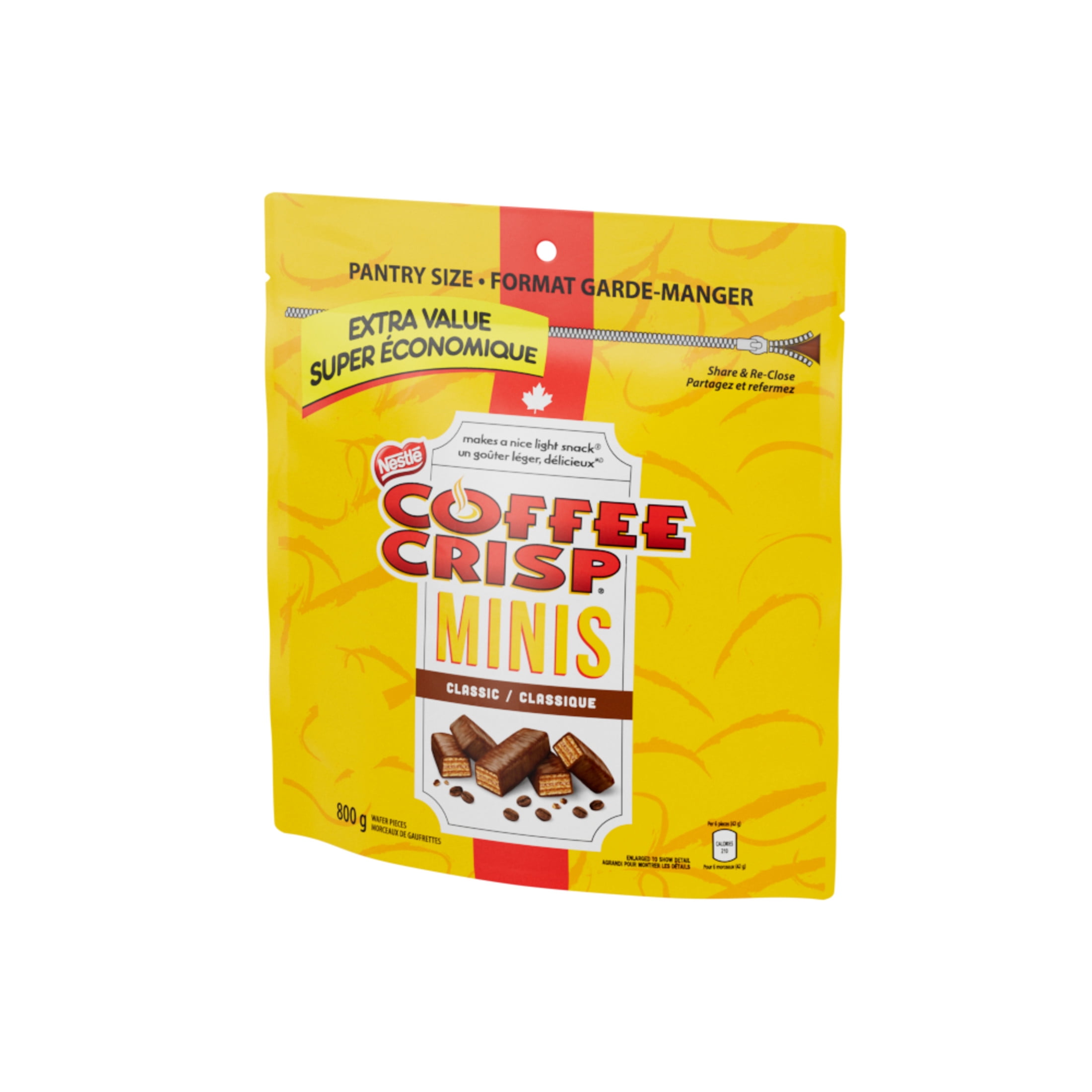 Gaufrettes Minis, sans arachides, gaufrettes de format bouchée dans un enrobage chocolaté avec garniture à la crème au café, sac refermable de format garde-manger, préparées au Canada 800 g
