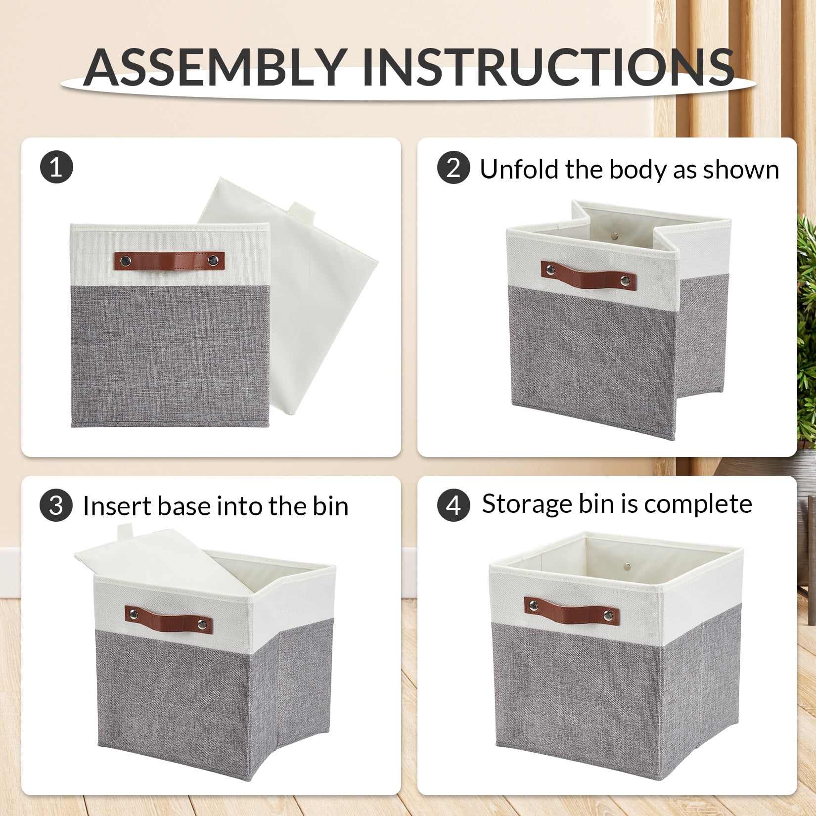 DSstyles Home 13 x 13 Storage Cube Bins, Foldable Collapsible Fabric Storage Bins Box Linen Shelf Basket Cube Organizer for Closet with Leather Handles, 6 Pack White and Gray