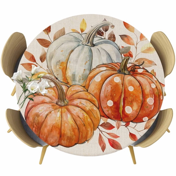 Orange White Pumpkins Fall Table Cloth, Round Fitted Tablecloths with Elastic Edge, Maple Leaf Harvest Rustic Wipeable Waterproof Table Cover for Kitchen Wedding 36-44 Inches