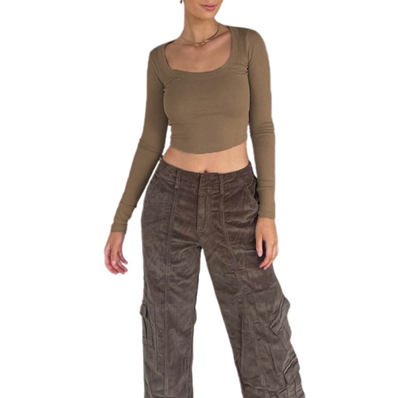 Y2k Skinny Long Sleeve Backless Crop Tops Square Neck Bodycon Shirts Cut Out Pullover Cami Streetwear