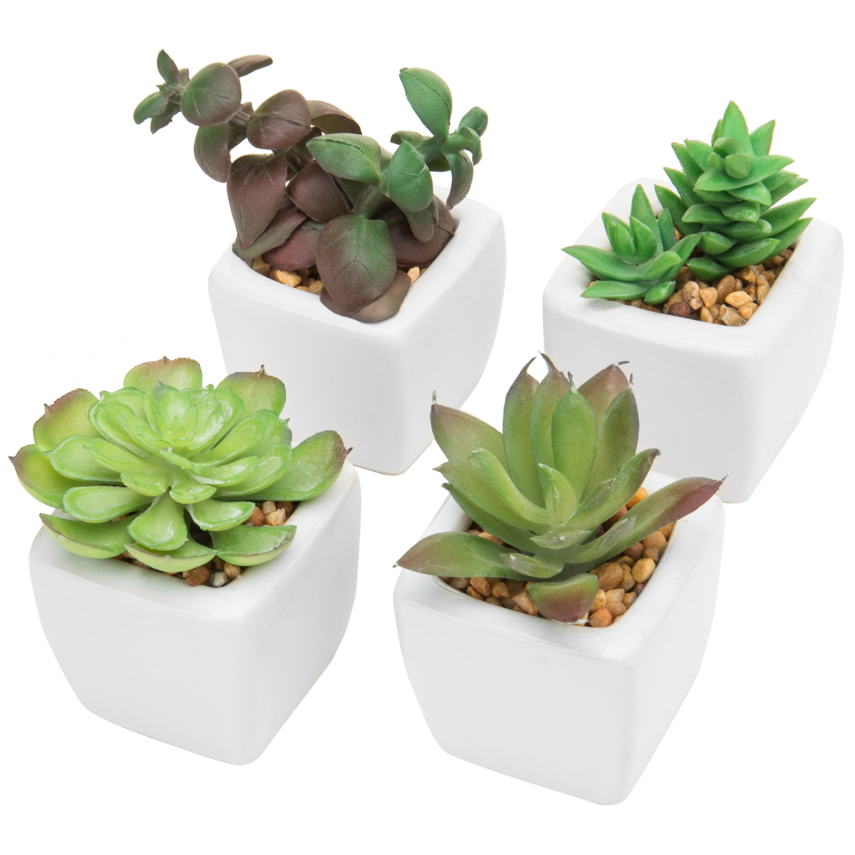 Set of 4 Small Green Plastic Artificial Succulent Plants in Mini Modern White
