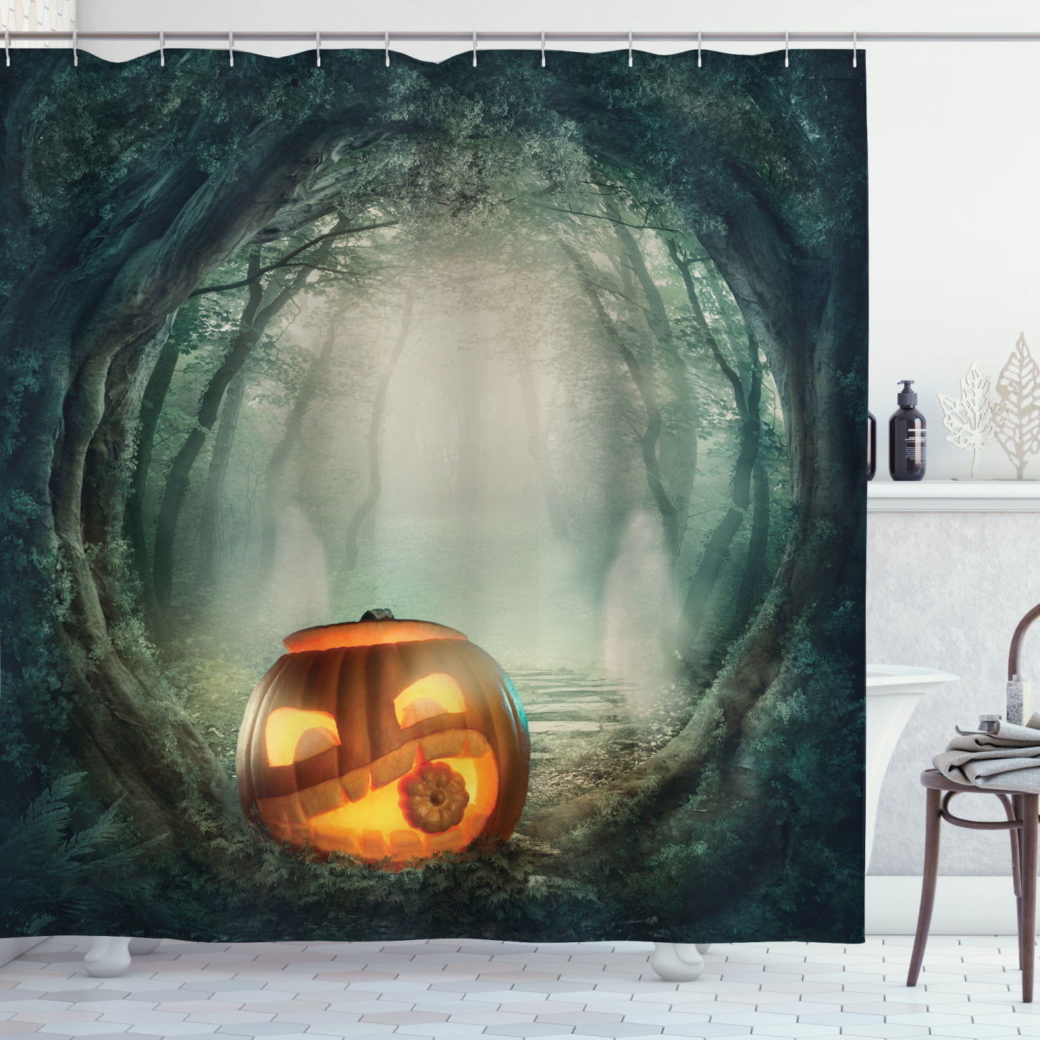 Halloween Waterproof Fabric Shower Curtain Scary Pumpkin Castle Bathroom Mat Set 