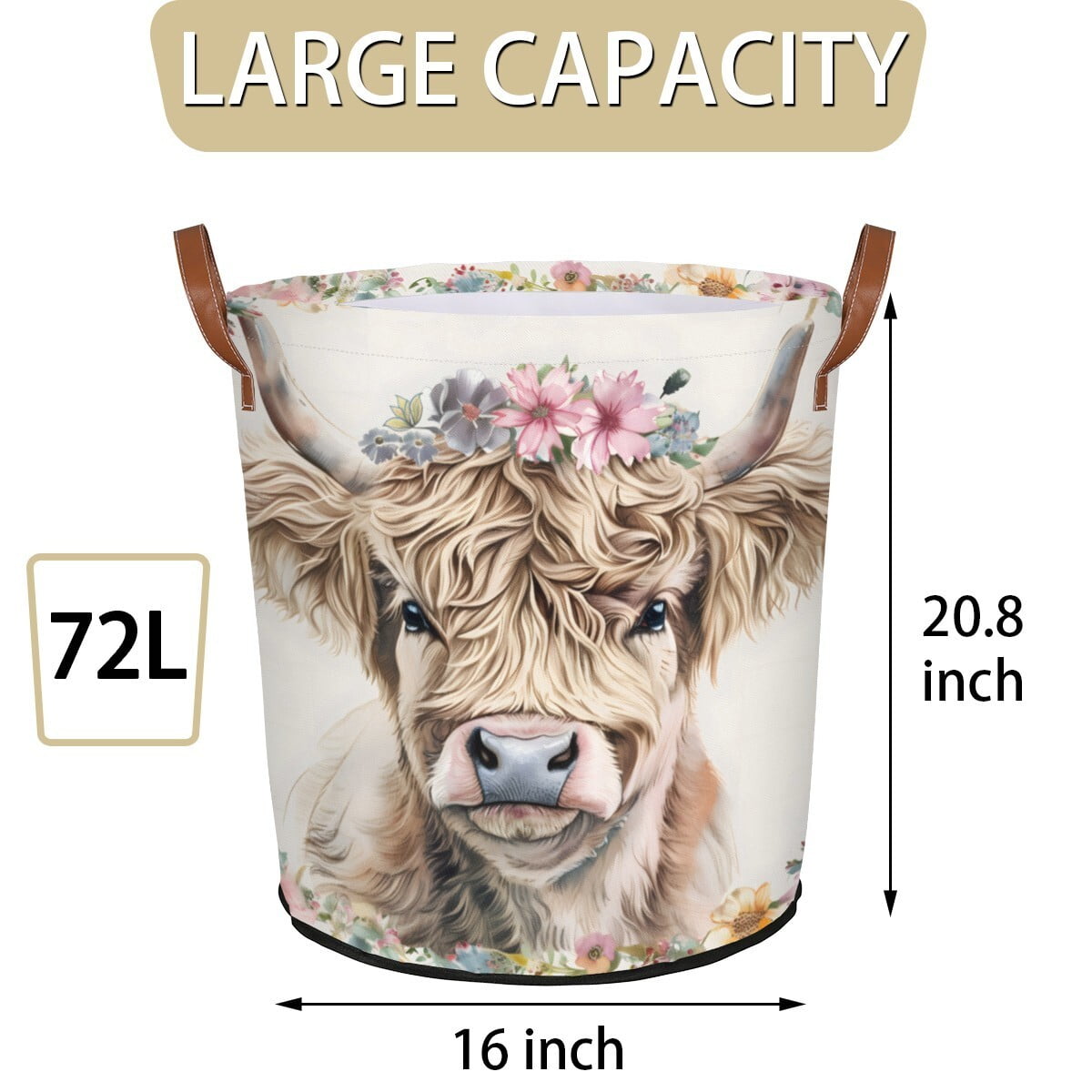 ADECORIVY Highland Cow Laundry Basket Waterproof Collapsible Hamper With Handles Oxford Cloth Dirty Clothes Tote for Bathroom, Bedroom, Living Room