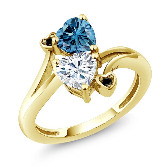 Gem Stone King 10K Yellow Gold Persian Blue Moissanite and White Moissanite and Black Diamond Engagement Ring for Women (1.63 Cttw, Gemstone Birthstone, Heart Shape 6MM, Size 7)