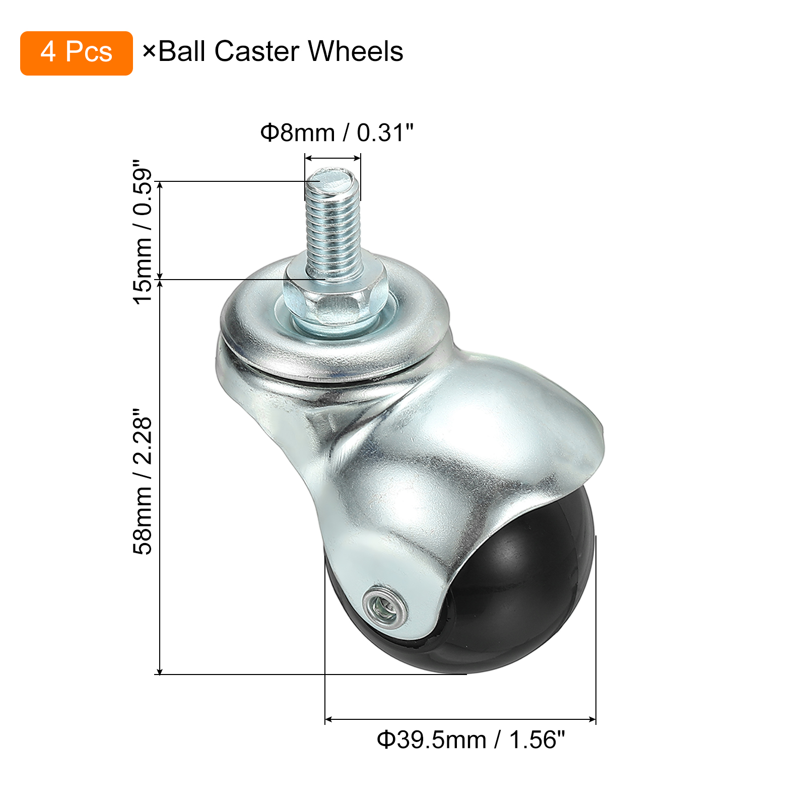 Uxcell 1.5" Ball Caster Wheels, 4 Pcs Threaded Stem Caster 360 Degree Movable Rotatable Caster Wheels for Furniture,Galvanized
