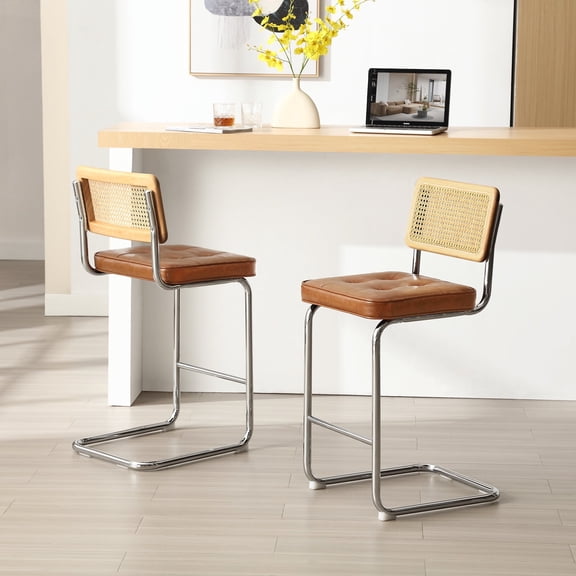 ONEVOG Natural Rattan Cantilever Bar Stools Set of 2, 25.6 Inch Counter Height Upholstered Faux Leather Bar Chairs, Brown
