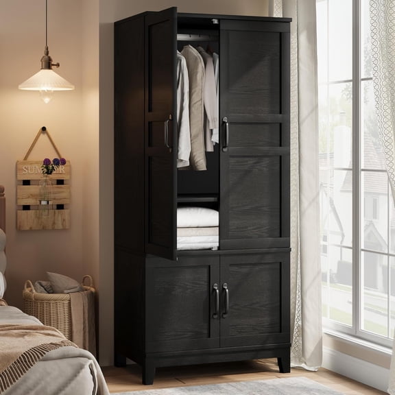 SOLLED Freestanding Armoire Wardrobe 72 Inch Tall 4 Doors 18 Adjustable Shelves with Hanging Rod for Bedroom Storage Cabinet Black