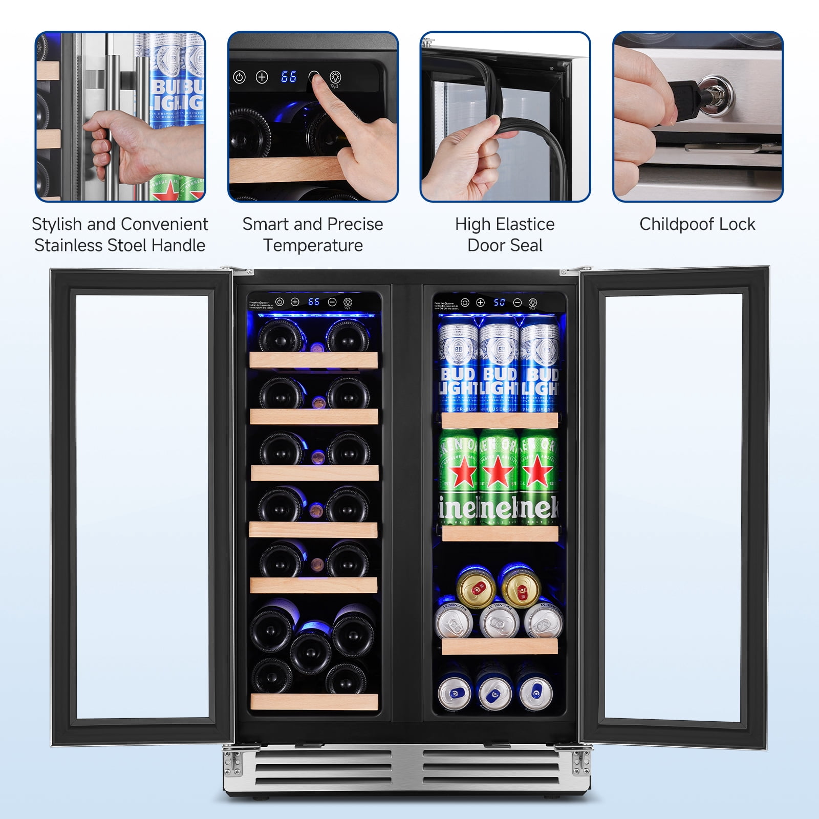 BODEGA Stainless Steel 24 inch Dual Zone Wine Refrigerator Upgraded 88 Cans 25 Inch 19 Bottles Built-in and Freestanding Wine Cooler