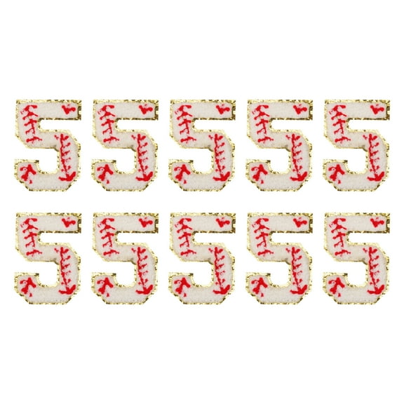 10 Pcs Baseball Number Patches Iron on, 2.76"x1.97" Chenille Number 5 Patches Golden Glitter Embroidered (White)