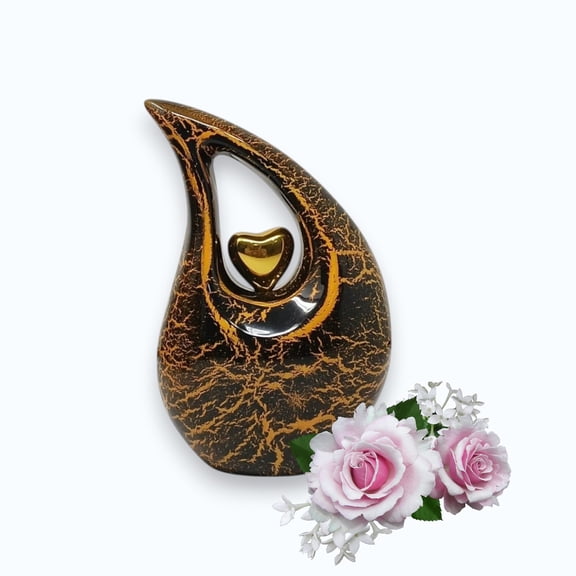 Small Teardrop Cremation Urn for Human Ashes – 6 Inch Black & Gold Memorial Keepsake Urns, Decorative Funeral Earns for Ashes