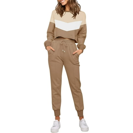 

QWZNDZGR Women s Long Sleeve Crop Top and Pants Pajama Sets 2 Piece Jogger Long Sleepwear Loungewear Pjs Sets