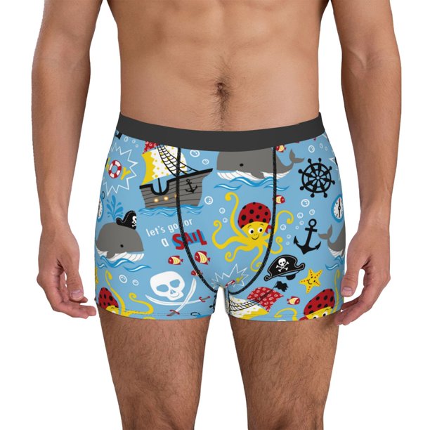 Balery Pirate Marine Animals Calzoncillos bóxer para hombre, ropa interior de algodón suave y transpirable con cinturilla de nailon-XX-Large