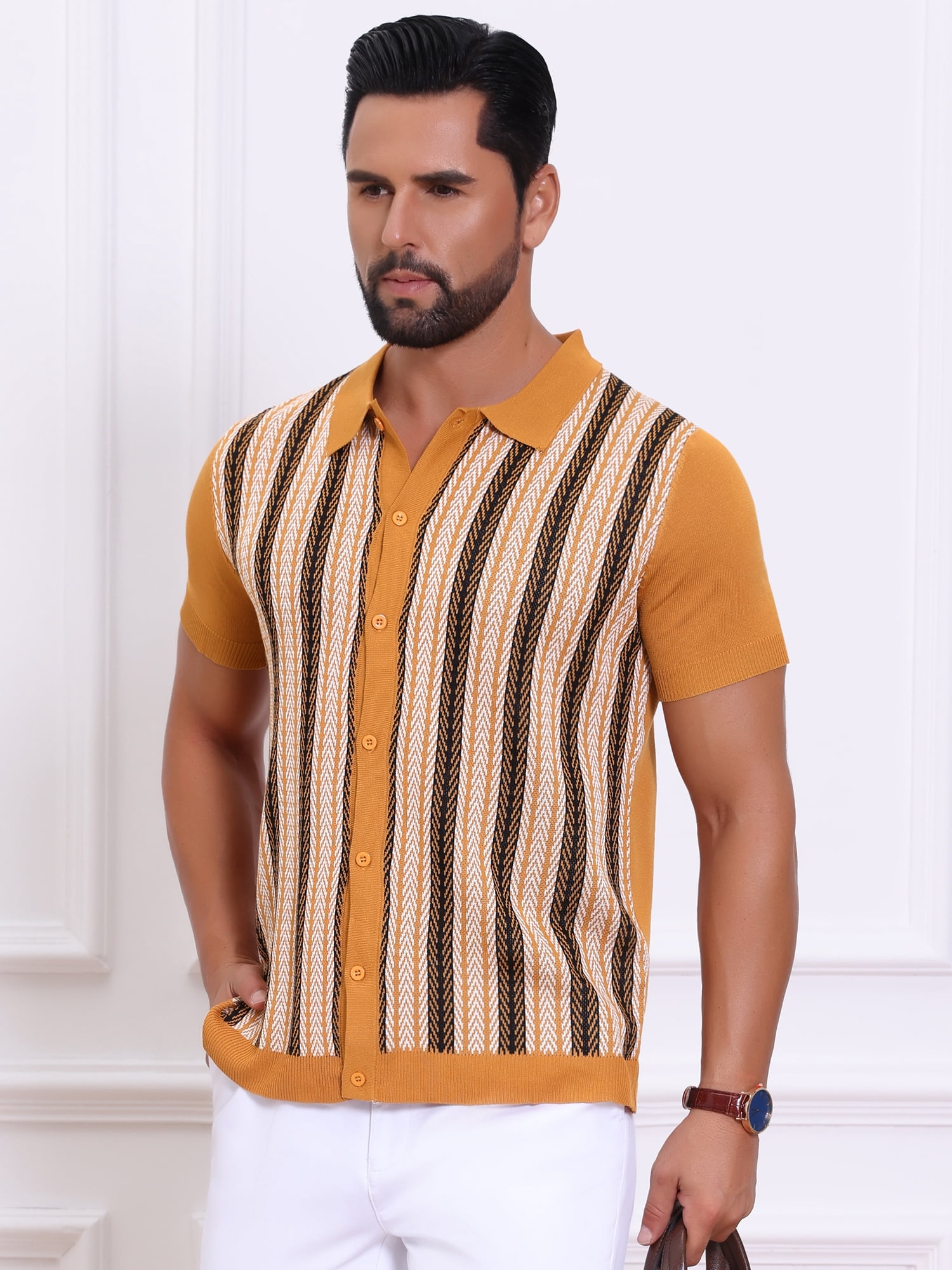 DARING DIVA Men's Striped Short Sleeves Button Down Jacquard Polo Shirts S Dark Yellow