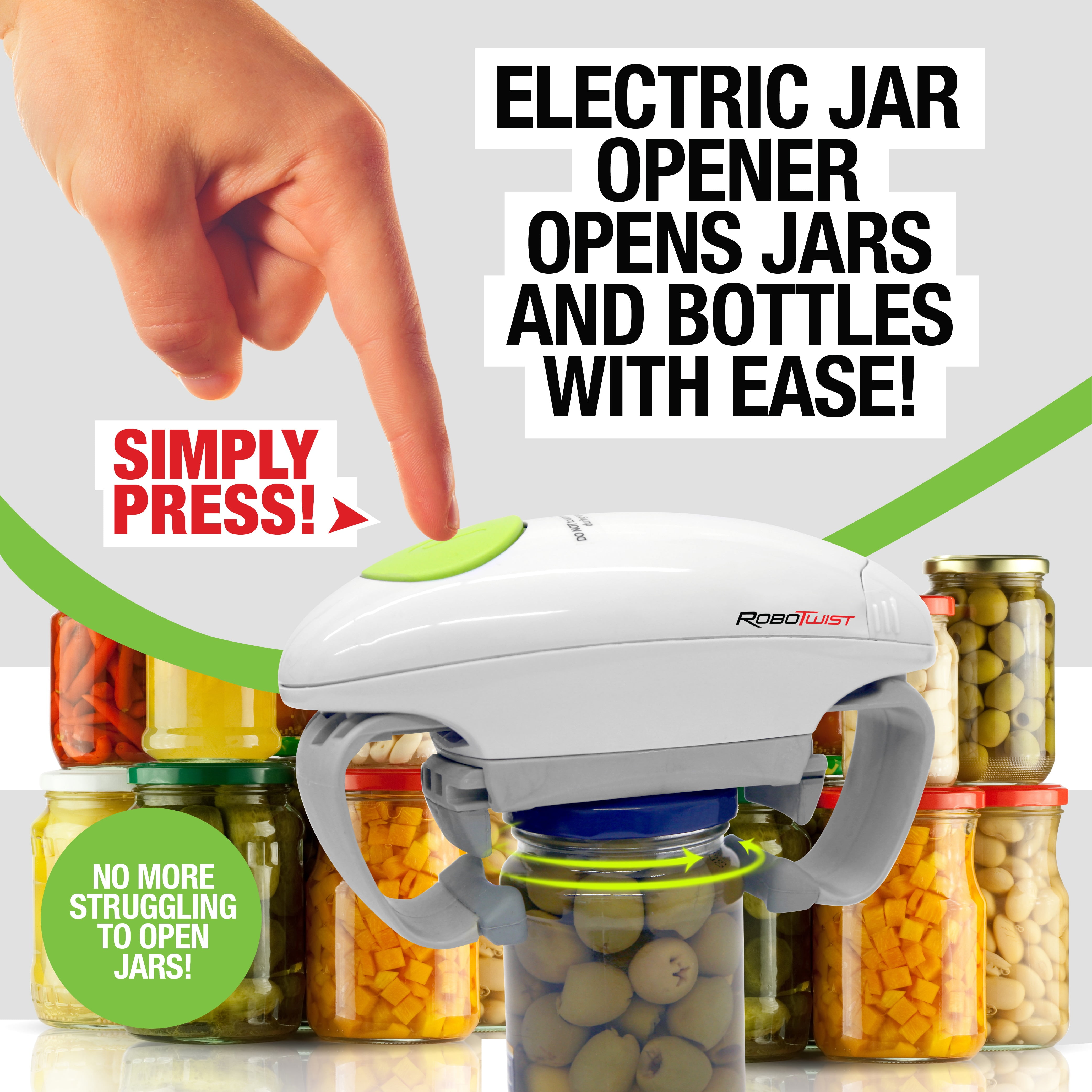 RoboTwist Automatic Electric Jar Opener for All Size Jars White Gray and  Green