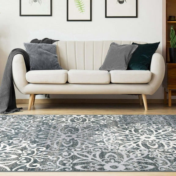 Contemporary Floral Medallion Plush Polypropylene Washable Indoor Area Rug, 8' x 10', Slate by Blue Nile Mills