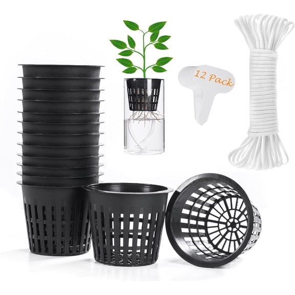 12 Pack 3 inch Net Cups Pots with 12 feet Hydroponics Self Watering Wick & 12 Plant Labels Aquaponics Mason Jar Bucket Insert Orchid kratky Vegetable Garden Growing Netted Basket Slotted Mesh