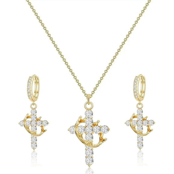 Crown Cross Necklace Earring Set for Women,Dainty 14k Gold Plated Cubic Zirconia Pendant Necklaces and Earring,Trendy Waterproof Non Tarnish Faith Jewelry First Communion Necklace