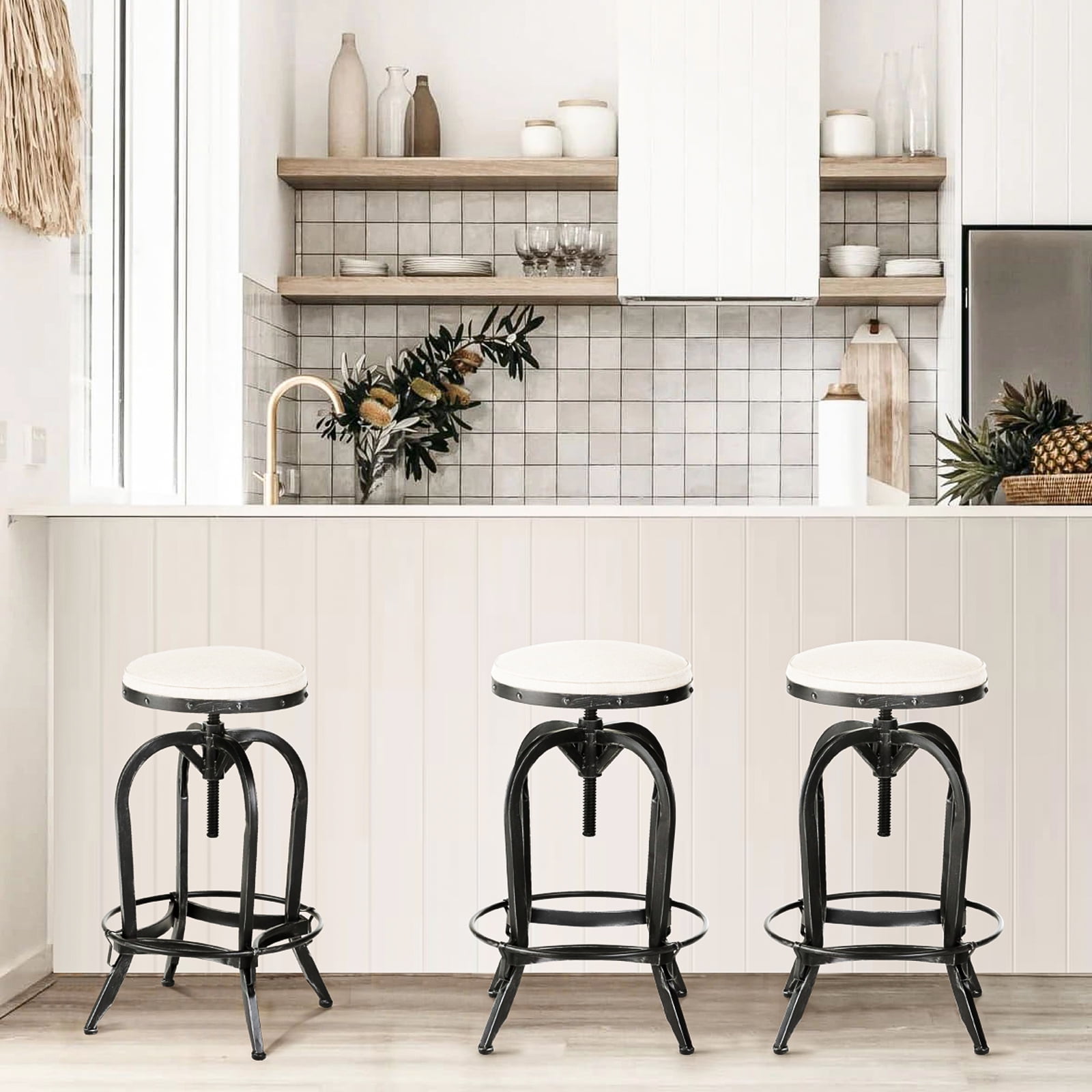 Kadyn Modern Industrial Barstool Set of 1, Adjustable Bar Counter Chairs with Iron, Swivel Backless Barstool for Kitchen, Off-white