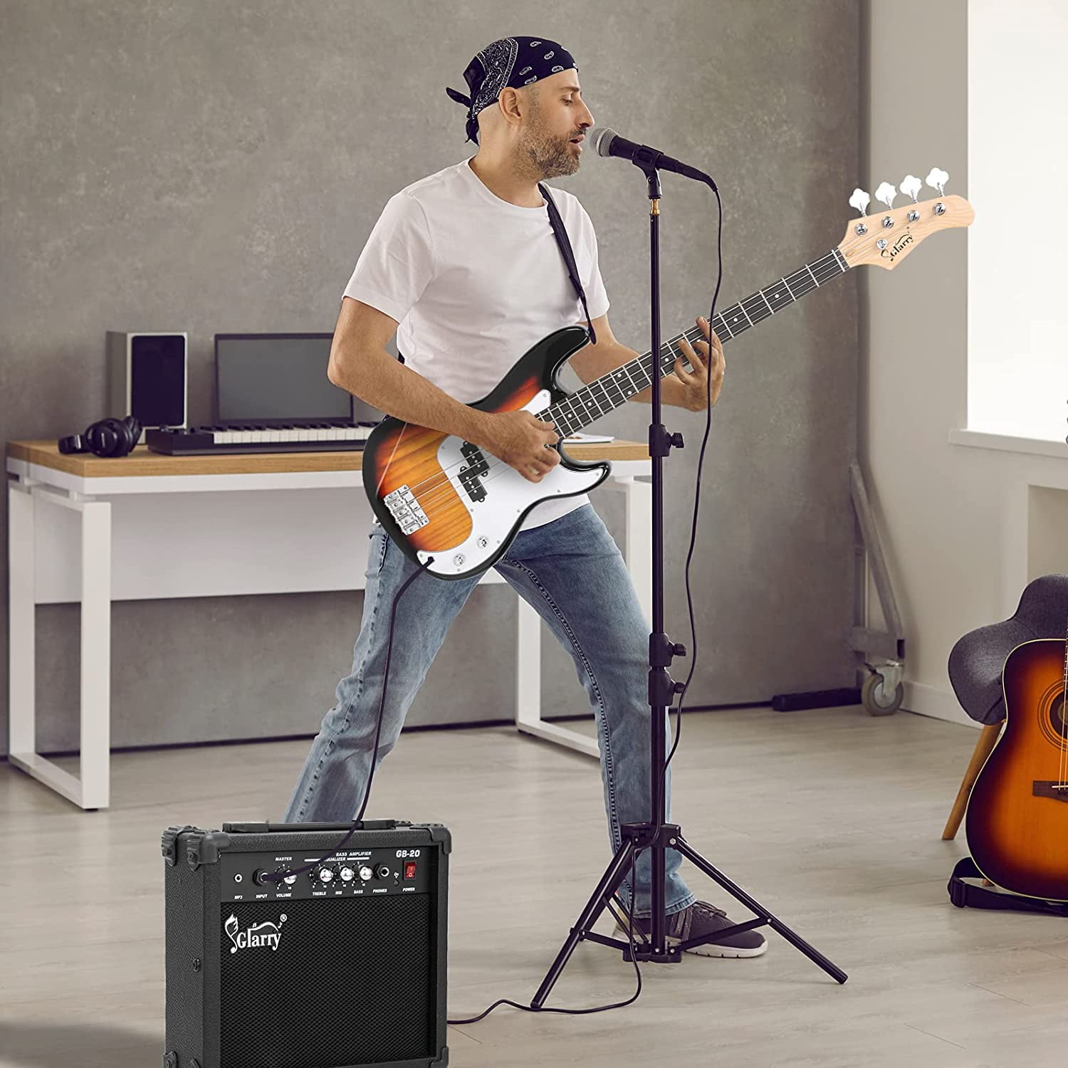 GLARRY Full Size Electric Bass Guitar with 20W AMP, 4 String Beginner Starter Kit with Accessories including Cable, Strap, Bag for Kids and Adults (Sunset)