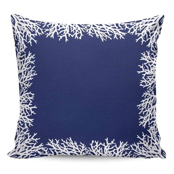 Throw Pillow Covers 16x16 Inch, Coastal Coral Decorative Pillow Cases for Couch Sofa Bed, Navy Blue Ocean Marine Nautical Beach Cotton Linen Square Home Decor Pillowcases with Hidden Zipper