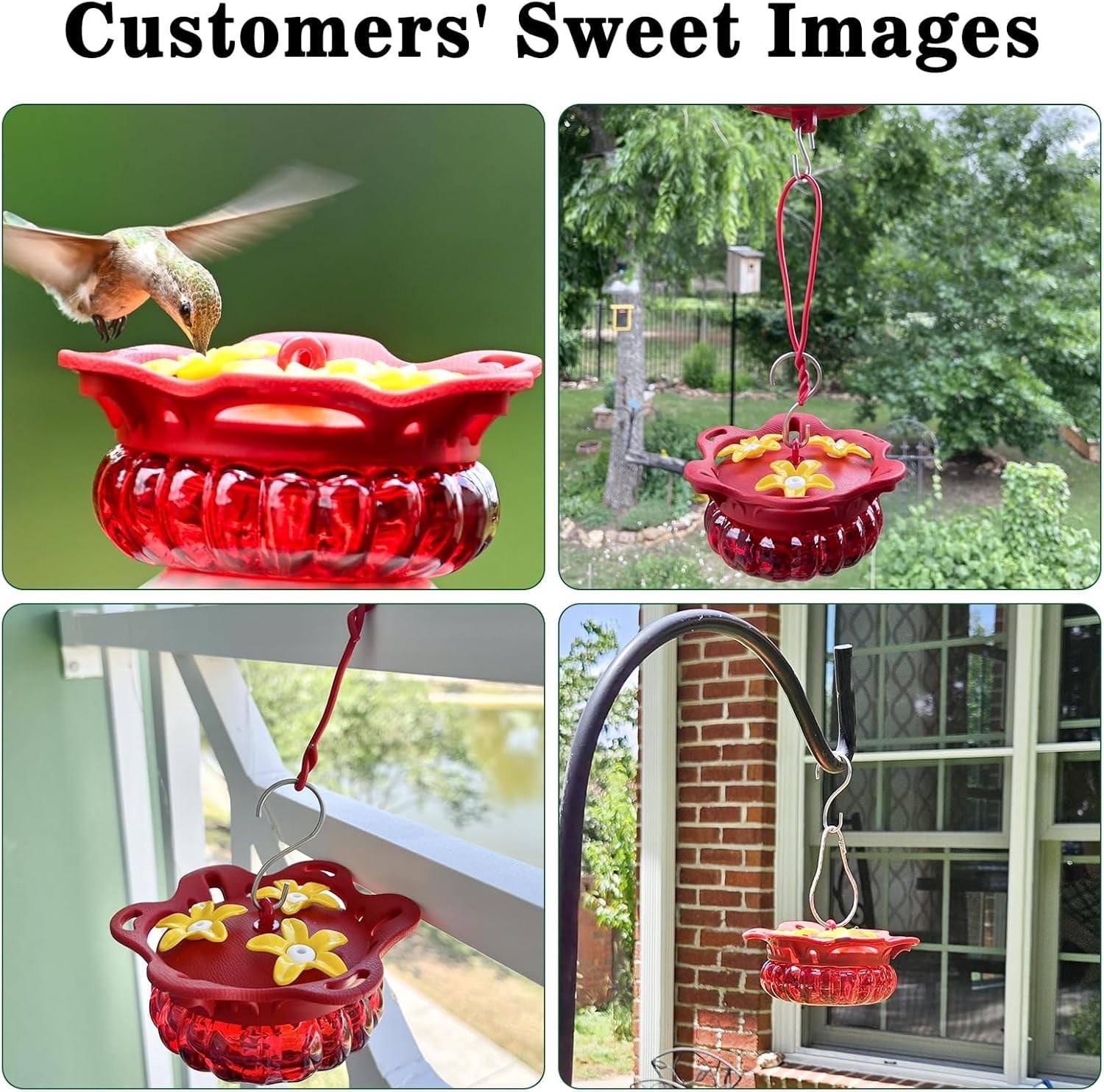 Set of 2 Glass Hummingbird Feeders for Outdoors Hanging with 3 Bee Guard Feeding Ports, 3.4OZ Handheld Humming Birds Feeders for Outside, Gifts for Women Mom, Red