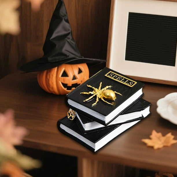 Mini estatua de araña con forma de libro de hechizos de Halloween, adorno decorativo de mesa espeluznante para estantería, regalos para fiestas en