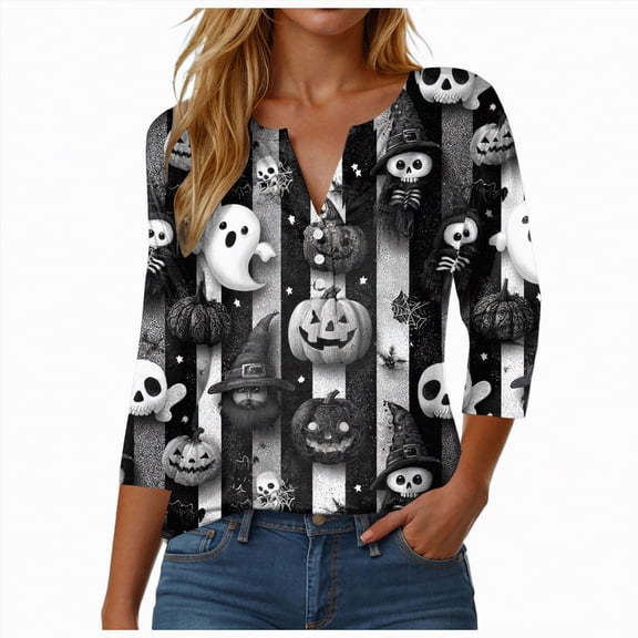 Godom Halloween Shirt for Women - Happy Halloween Pumpkin Graphic Womens 3/4 Sleeve Shirts V Neck Tops