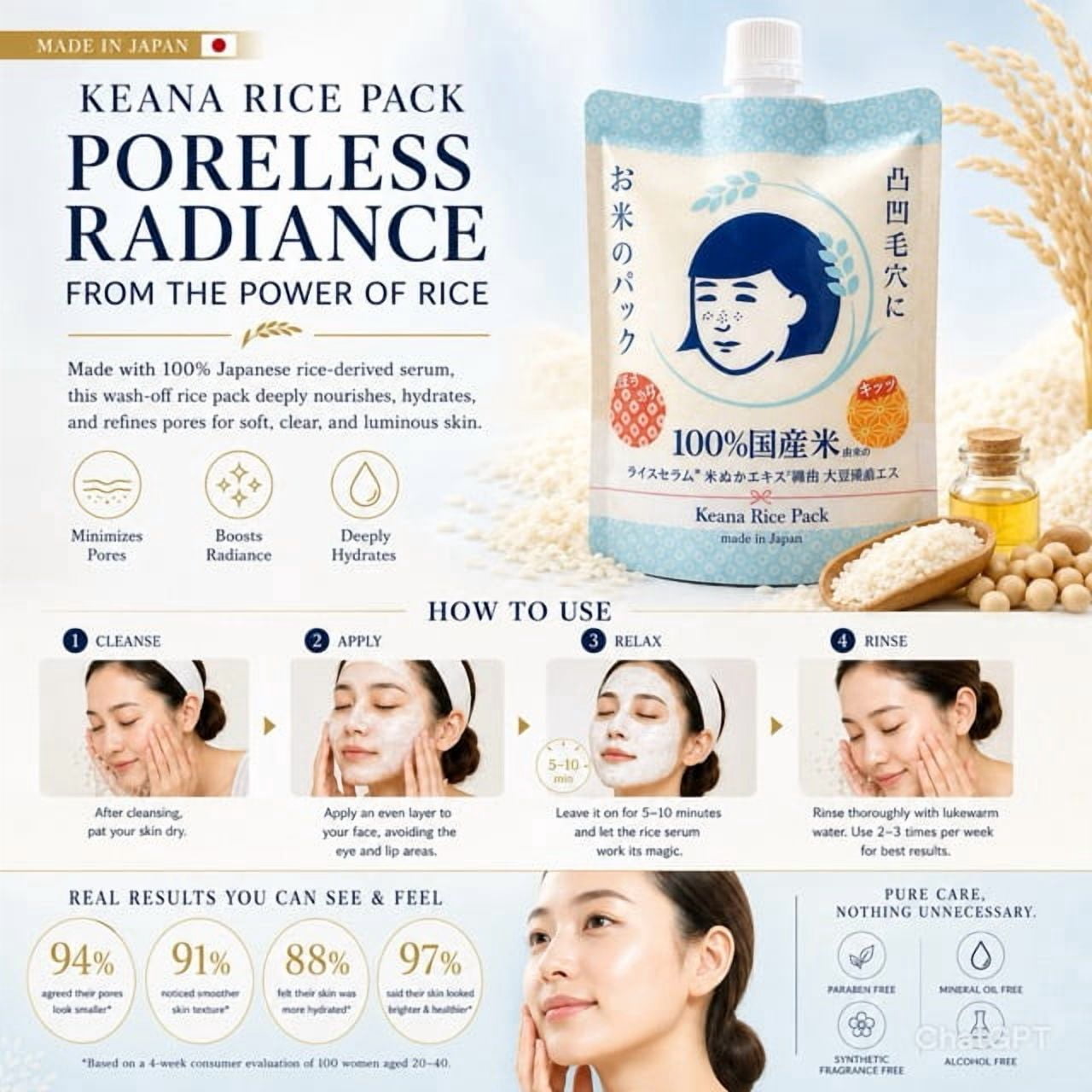 Keana Japanese Rice Pore Care Hydrating Wash-Off Mask with Rice Extract Skin Smoothing Moisturizing Facial Mask Authentic Japanese Skincare 170g